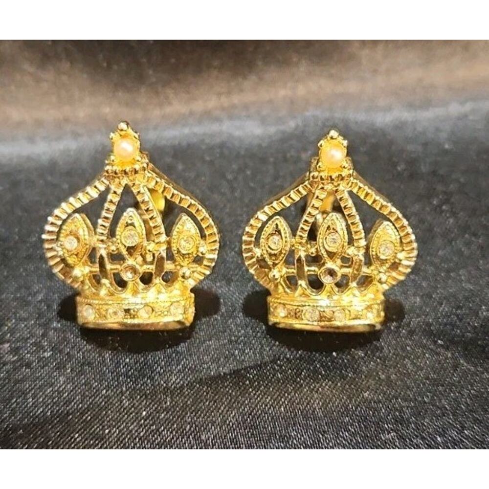 Vntg Gold Tone Crown Clip On Earings Faux Pearls & Stones